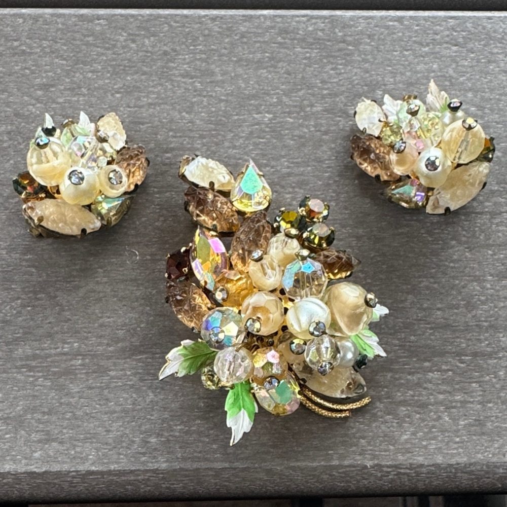 Floral Crystal Brooch and Earring Set